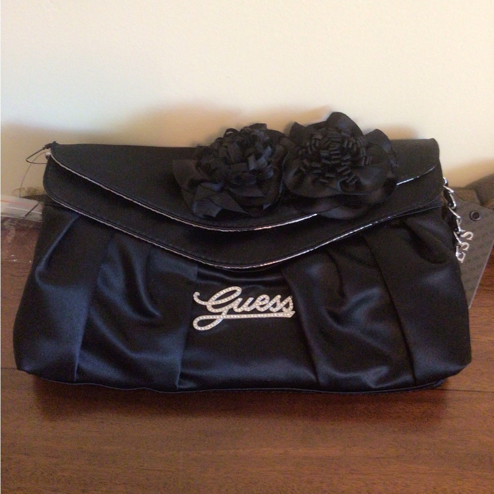 Guess Black Satin Floral Crossbody/Clutch Bag